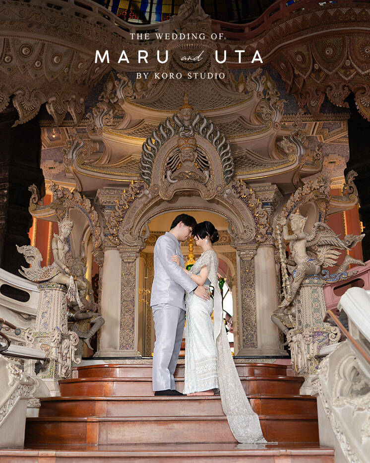 Maru & Uta's Enchanting Thai Pre-Wedding at The Erawan Museum 3 a man and woman standing on stairs in front of ornate staircase